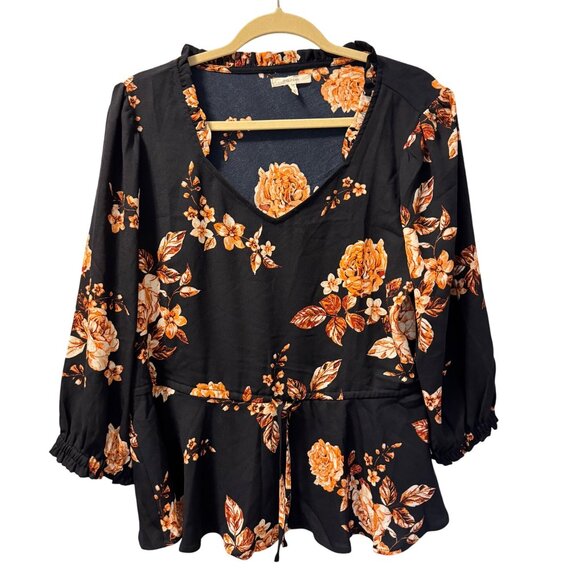 Maurices Womens Floral Peplum Blouse Blue & Orange Sz L Polyester top - Picture 8 of 12